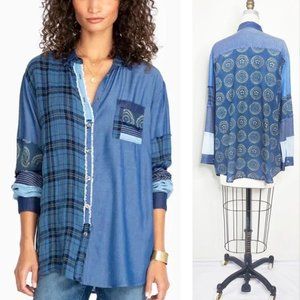 Johnny Was Workshop Womens Indigo Mixup Patchwork Raw Edge Shirt Blouse Tunic S